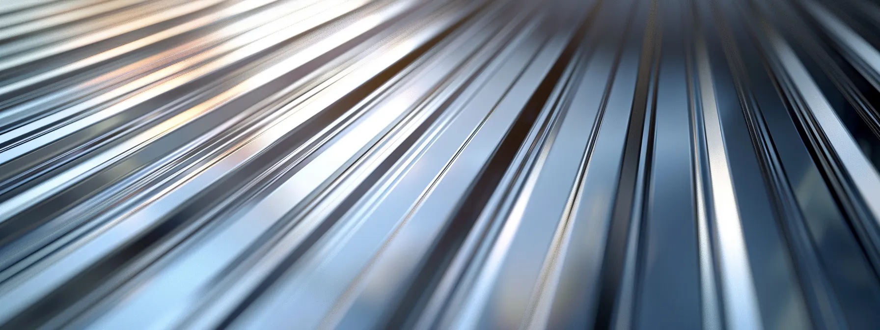 a stack of shiny, new metal roofing panels glistening in the sunlight.